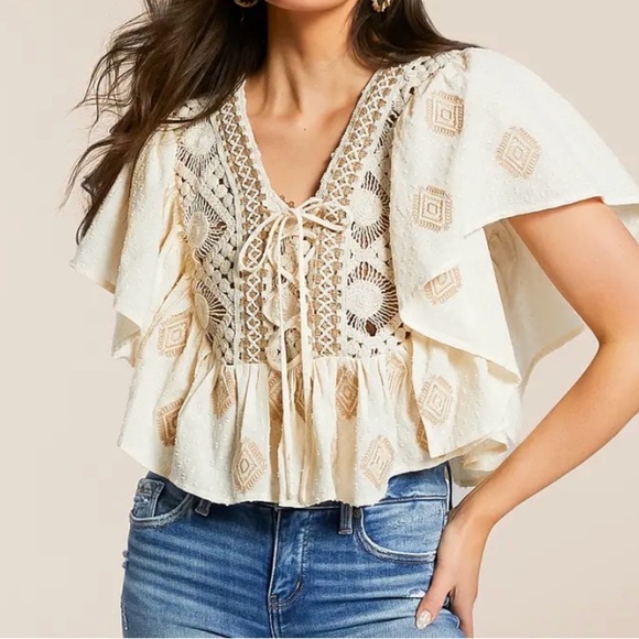Miss Me Tops - Miss Me Buckle Elegant Cream Lace-Up Bohemian Blouse Xsmall